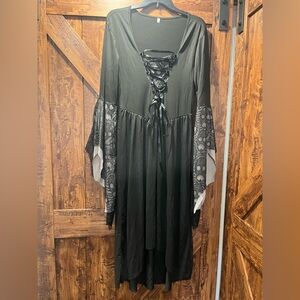 Halloween Black and grey Witches dress featuring a lace-up front. Size Medium